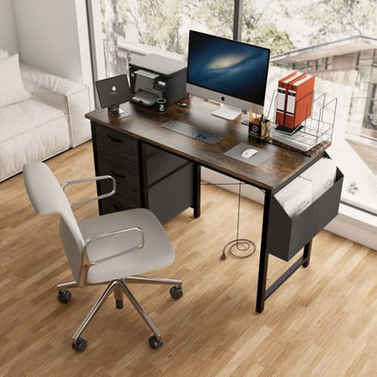 Office Desk with Power Outlet,3drawers and Side Pocket, Easy to Assemble,Frame Stability Reversible for Home Office Study,Rustic Brown