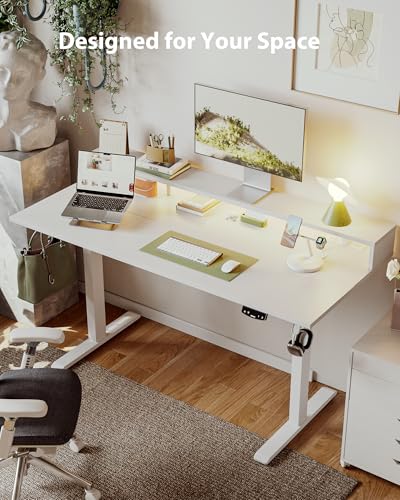 Agilestic 55 * 24 Inch Electric Standing Desk with Shelf & Led, White - color: Led-white, size: 55 x 24 Inches with led and power strips