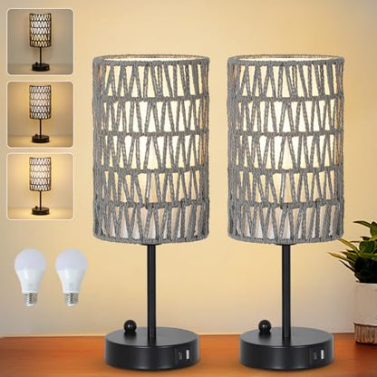 Gray Bedside Lamps Set of 2, Touch Control Night Stand Lamp for Bedroom with Rattan & Linen Shade & Bulbs, 3 Way Dimmable Small Boho Table Lamps with USB Charging Port & Phone Stand - color: Gray-2pack