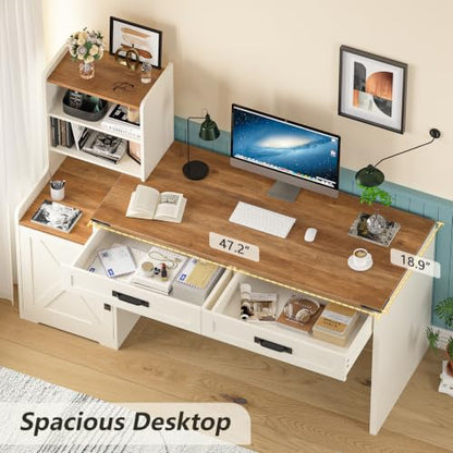 60" Computer Desk with Drawers & Bookshelves for Bedroom, Home Office - color: Antique White