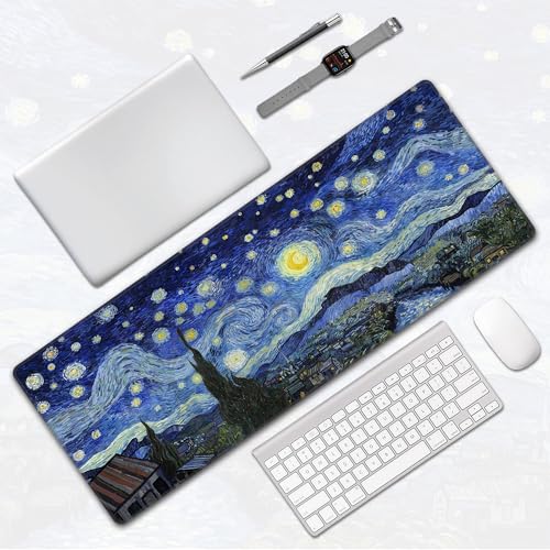 Starry Night Gaming Desk Mat,Large Van Gogh Art Mouse Pad,31.5x12 in | XL Extended Post-Impressionism Art Decor Mousepad,Stitched Edges & Micro Woven Cloth Washable Keyboard Mat,80x30cm - color: Starry Night