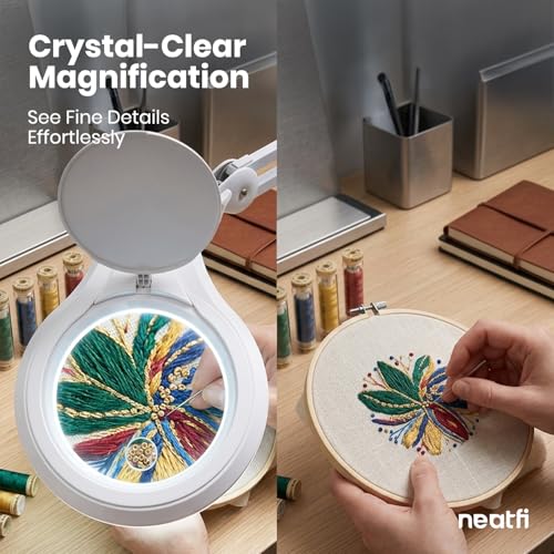 Neatfi LED Bifocal Magnifying Lamp 1,200 Lumens – 5” Glass Lens, Dual Magnification 2.25X/6X, Dimmable | Adjustable Arm with Clamp | Crafting, Jewelry & Reading (5 Diopter + 20 Diopter, White) - color: White, size: 5 Diopter + 20 Diopter