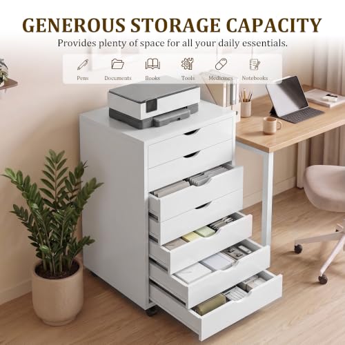 7 Drawer Mobile File Cabinet with Wheels, Office Storage Drawers, White - color: White, size: 15.75"D x 18.74"W x 34.25"H(7 Drawers)