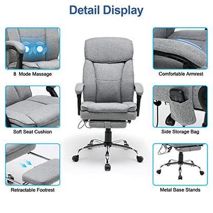 HOMREST Reclining Office Chair with 4-Point Massage, Breathable Fabric Executive Chair with Retractable Footrest, Ergonomic Computer Chair with High Back, Reclining Gaming Chair for Home, Light Grey