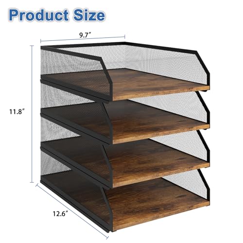 Natwind 4-Tier Stackable Metal Mesh Paper Organizer with Sliding Tray,Retro | Wooden Desk Organizer, Letter Tray For Desktop,File Holder For Home Office School Classroom Organization - size: 4 Tier