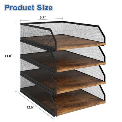 Natwind 4-Tier Stackable Metal Mesh Paper Organizer with Sliding Tray,Retro | Wooden Desk Organizer, Letter Tray For Desktop,File Holder For Home Office School Classroom Organization - size: 4 Tier