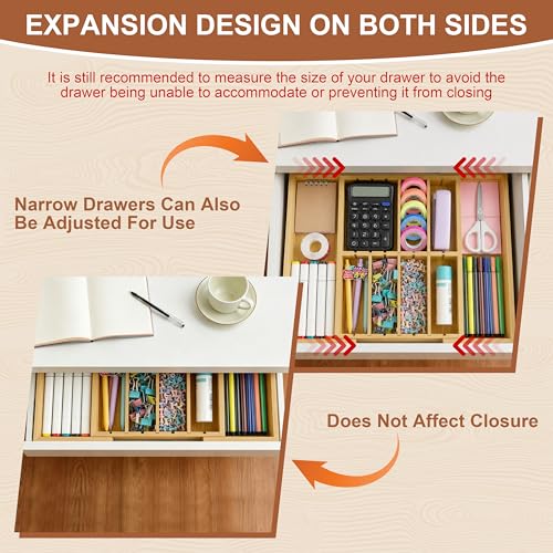 TREWAVE Bamboo Desk Drawer Organizer, Expandable Drawer Organizer Tray | 12.6" - 15.6" Wide, with Adjustable Dividers, Wooden Storage Organizers for Office Supplies, Crafts, Makeup & Kitchen Cutlery