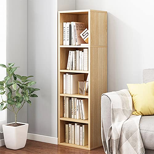 IOTXY Small Narrow Corner Bookcase - 47 Inches Tall Gap Freestanding Storage Cabinet, 5 Lattices Open Shelves Tower Rack, Cubes Bookshelf in Oak | Modern Minimalist Style, MDF Material, Adjustable Shelves, 5 Cubes Open Bookshelf, Floor Tower Rack, Space-S