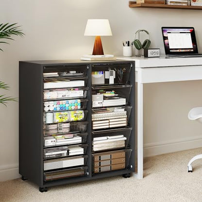 WOPITUES Mobile Storage Cabinet with 15 Clear Drawers, Modern Black | Craft Cabinet with 5 Large Drawers, Cart with Wooden Tabletop, Printer Stand Home Office, Dresser Chest - color: Black, size: 10M+5L