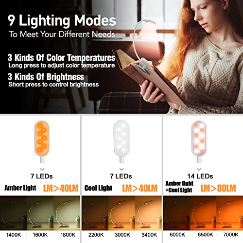 VAVOFO Rechargeable Book Light, 14 LEDs Eye Care Clip On Amber Reading Light for Bookworms Reading in Bed with 9 Colors 9 Brightness (White-Blue) - color: White-Blue