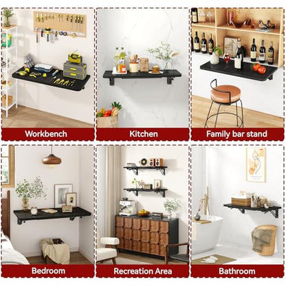 IBUYKE Wall Mounted Folding Table, Floating Wall Desk for Small Spaces, Fold Down Laundry Shelf with Heavy-Duty Brackets, Wall Table for Home Office/Bar/Kitchen/Dining Black UTVT005B - color: Black