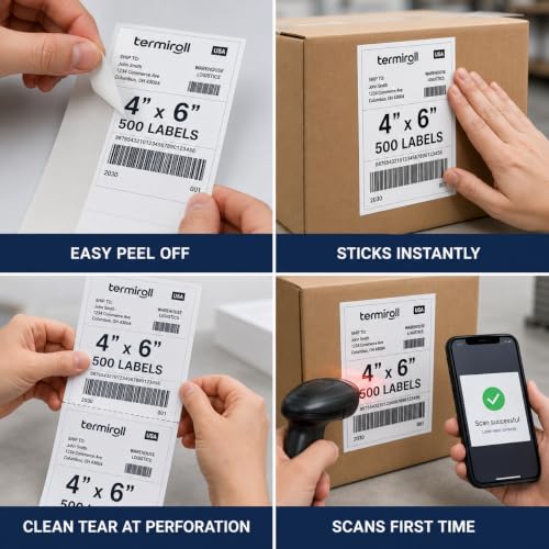 4x6 Thermal Labels 500 Fanfold - Rollo Zebra MUNBYN, Strong Adhesive | 500 fanfold labels, strong adhesive, universal thermal printer compatibility - size: 4x6 - 1 Stack | 500 Labels