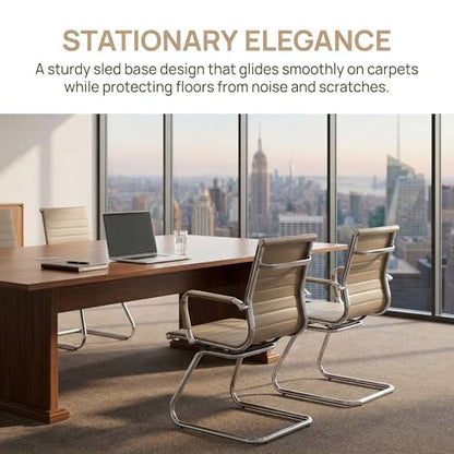 Office Desk Chair No Wheels Set of 4 PU Leather Computer Chairs Mid Back Guest Chairs for School Reception Conference Waiting Room, Light Brown - color: Light Brown, size: 4PCS