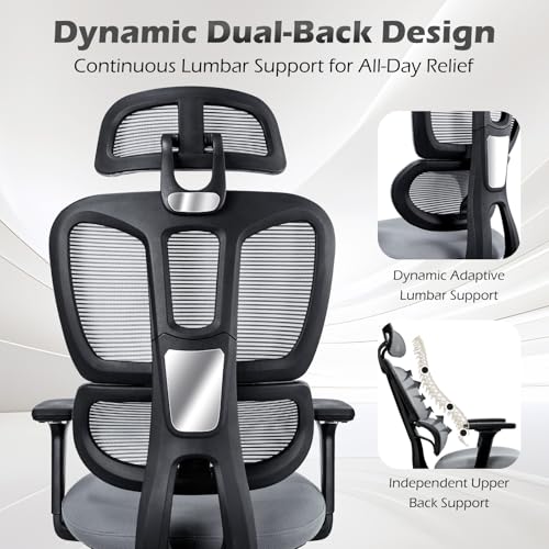 Ergonomic Office Chair with Footrest and Dynamic Lumbar Support, Grey | Reclining high-back computer chair, memory foam seat, 4D armrests, 2D headrest, mesh desk chair for home office, long hours - color: Dark Grey