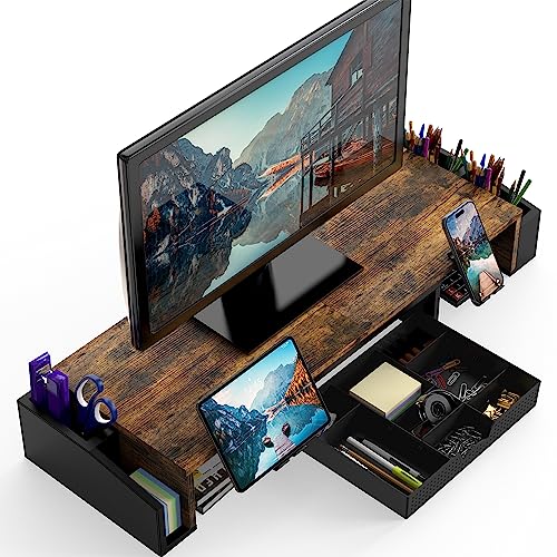 Simple Houseware Desk Dual Monitor Stand Riser with Drawer, Rustic Brown | Customizable Organizer Tray, Built-In Phone & Tablet Slot and Side Storage - color: Rustic Brown