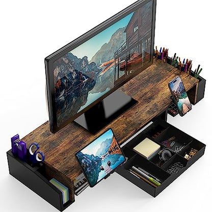 Simple Houseware Desk Dual Monitor Stand Riser with Drawer, Rustic Brown - color: Rustic Brown