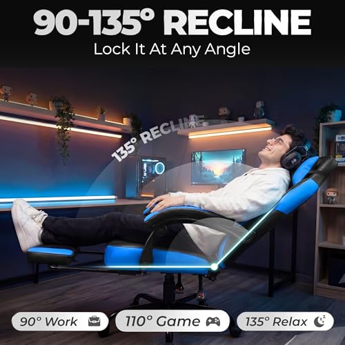 N-GEN GAMING Gaming Chair Big and Tall Computer Heavy Duty Office Desk Chair with Footrest Ergonomic Lumbar Support High Back Recliner for Adults (Blue) - color: Blue