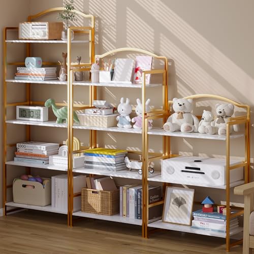 JSB 4 Tier No Assembly Folding Bookshelf, Arched Bookshelf, Foldable Bookcase for Living Room, Bedroom, Office,Skinny Bookshelf (White and Gold) - color: White and Gold, size: 4-Tier