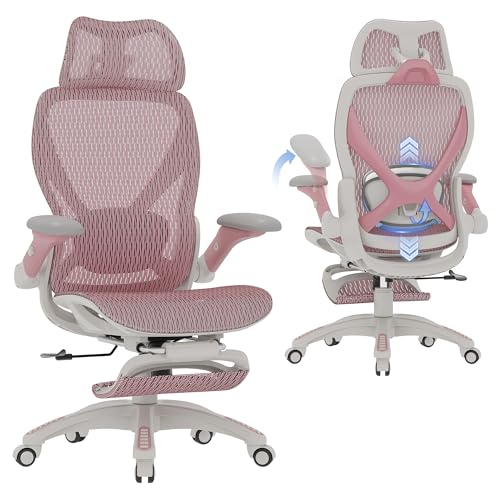 ELABEST X100 Ergonomic Mesh Office Chair with Footrest, Big and Tall Home Desk Chair with 5D Flip-Up Arms, Adjustable 3D Lumbar Support, Gaming & Executive Computer Chair (Peach Blossom) - color: Peach Blossom
