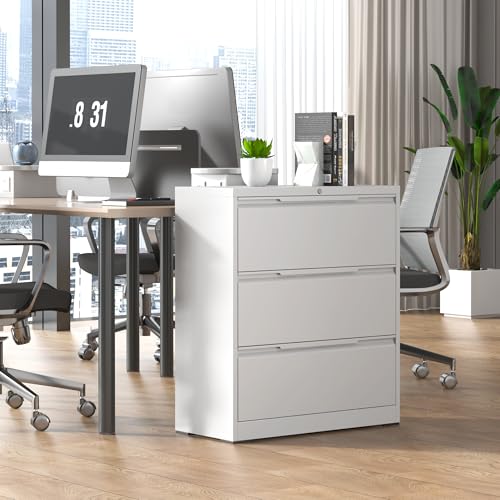 Lateral File Cabinet 3 Drawer, Metal File Cabinet with Lock - color: White, size: 3 Drawer - Lateral