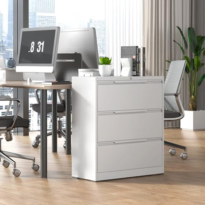 Lateral File Cabinet 3 Drawer, Metal File Cabinet with Lock - color: White, size: 3 Drawer - Lateral