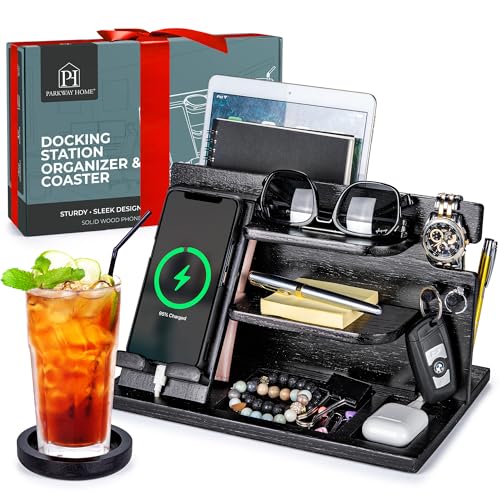 Black Wood Phone Docking Station Compatible with Apple Watch - Wood Charging Station Organizer Stand, Bedside Nightstand Organizer for Men, Holds, Tablet, Glasses, Keys, EDC - color: Black, size: Organizer Without Drawer
