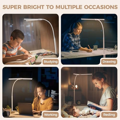Voncerus LED Desk Lamp for Home Office, Double Head Desk Light with Clamp - color: White Pro