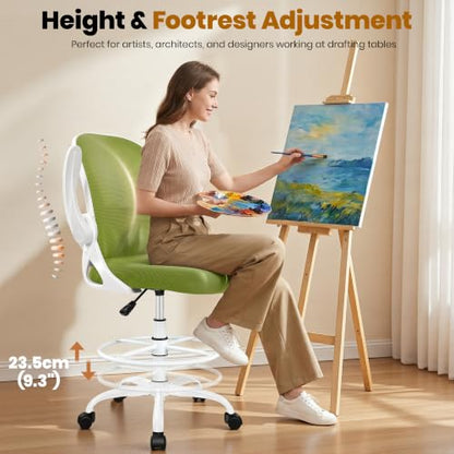 Primy Drafting Chair Tall Office Chair with Flip-up Armrests Executive Ergonomic Computer Standing Desk Chair with Lumbar Support and Adjustable Footrest Ring (AvocadoGreen) - color: Avocado Green, size: 934-Z