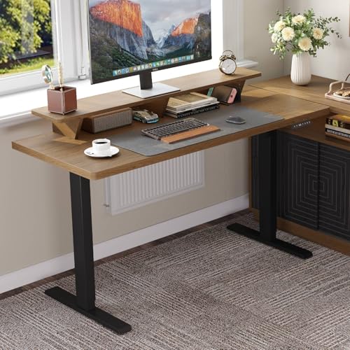 ONBRILL 63 x 24 Inches Standing Desk with Adjustable Monitor Shelf, Oak - color: Oak Brown, size: 63in