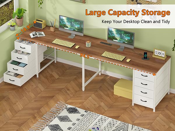 95" 2 Person Desk with 8 Fabric Drawers for Home Office, Living Room - color: Brown and White, size: 18.9"D x 94.5"W x 29.3"H