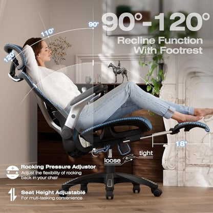 X100 Ergonomic Mesh Office Chair with Footrest, Big and Tall Home Desk Chair with 5D Flip-Up Arms, Adjustable 3D Lumbar Support, Gaming & Executive Computer Chair (Oaxaca Blue) - color: Oaxaca Blue