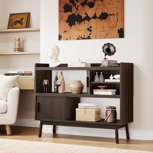ONBRILL 44" Sideboard Buffet Cabinet with Outlet & Sliding Door, Brown - color: Brown, size: 44"
