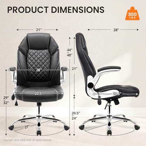 NEO CHAIR Ergonomic Office Chair, Executive Leather Chair, Lumbar Support | Executive Desk Chair with High Back, Flip-Up Arms and Wide Seat, Comfortable Gaming Chair for Home Office, Black - color: Black