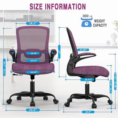 Ergonomic Office Chair w/Adjustable Lumbar, Flip Armrest, 135° Recline - color: Purple