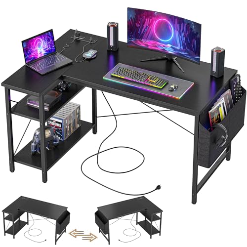 TIQLAB L Shaped Computer Desk with Power Outlets, 47 Inch Small Corner Desk with Reversible Shelves, Gaming Desk Computer Table Study Writing Table for Home Office Bedroom Small Space, Black - color: Black, size: 47 Inch