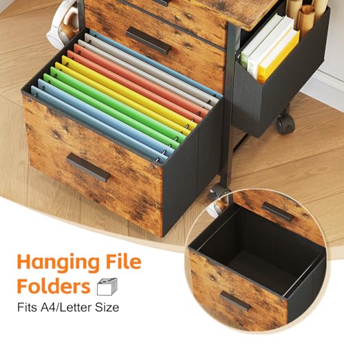 Mexin 3 Drawer File Cabinet with 22'' Extended Desktop, Mobile Filing Cabinet, Printer Stand, Rolling Printer Stand with Side Bag, Fabric Drawer, Fits A4 Size, Home Office,Rustic Brown - color: Rustic Brown