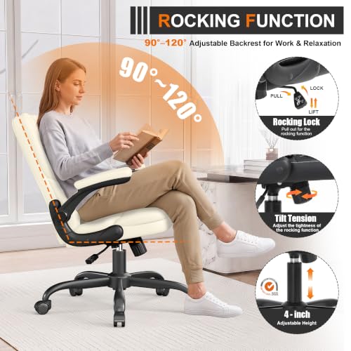 Executive Office Chair Flip Up Arms Lumbar Support Home Office Desk Chair - color: Cream