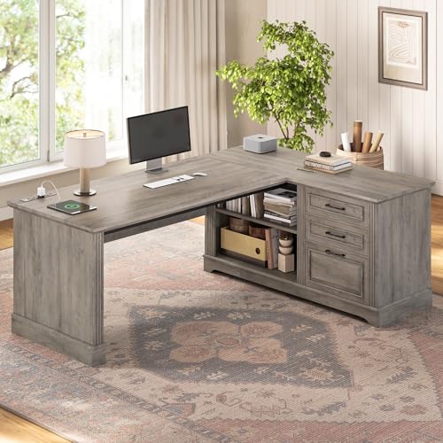 SEDETA Farmhouse 61" Executive Office Desk with Drawers for Home Office - color: Grey, size: L Shaped Desk
