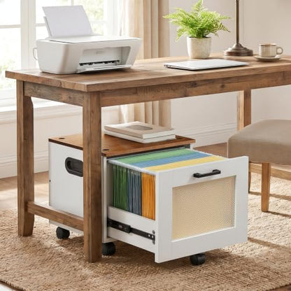 HOOBRO File Cabinet, Rolling File Cart, Under Desk Small Filing Cabinet, File Organizer Box, Home Office File Basket with Drawer for A4, Letter Files, White and Walnut WH11WJ01G1 - color: White + Walnut