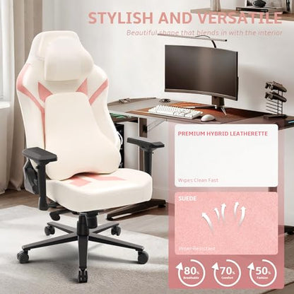 Ergonomic Gaming Chair, Computer Desk Chairs, 4D Armrests, High Back Office Chair with Headrest & Lumbar Pillow, Tilt Rocker Recliner, Heavy-Duty Base, White PU Leather & Pink Suede Comb