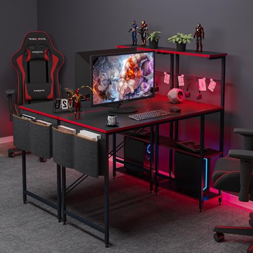Bestier 44" Gaming Desk with LED & Storage,Gamer Desk, Carbon Fiber Black | Scratch-Resistant Laminate & Steel, 44" Desktop, X-Bar Frame with Foot Rest, 150 lb Capacity, Home Office & Game Room Ready - color: Black Carbon Fiber, size: 44 Inch