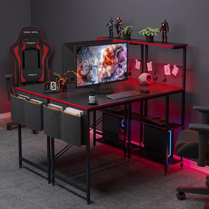 Bestier 44" Gaming Desk with LED & Storage,Gamer Desk, Carbon Fiber Black | Scratch-Resistant Laminate & Steel, 44" Desktop, X-Bar Frame with Foot Rest, 150 lb Capacity, Home Office & Game Room Ready - color: Black Carbon Fiber, size: 44 Inch