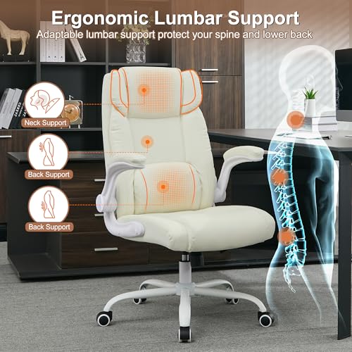 Office Desk Chair,Ergonomic Conference Room Chairs,Mid Back Executive Leather Chair,Comfy Computer Desk Chairs with Adjustable Flip-Up Arms and Rocking Function (Beige) - color: Beige