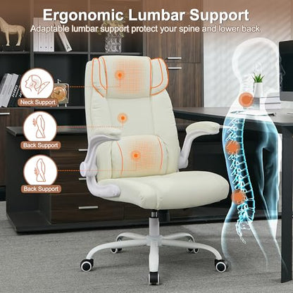 Office Desk Chair,Ergonomic Conference Room Chairs,Mid Back Executive Leather Chair,Comfy Computer Desk Chairs with Adjustable Flip-Up Arms and Rocking Function (Beige) - color: Beige