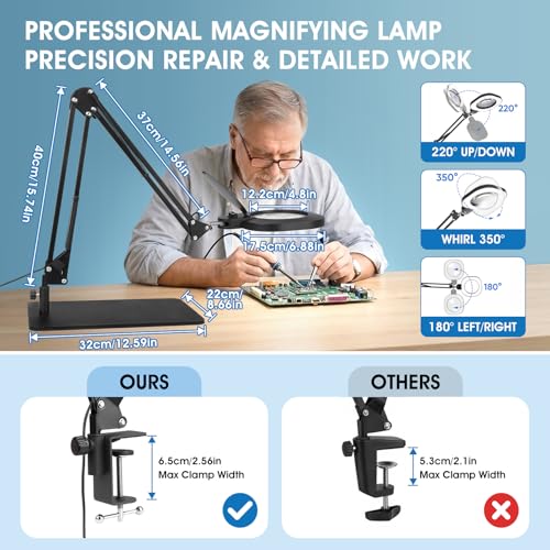 12X Magnifying Glass with Light and Stand: 27 Inch Extra Long Arm