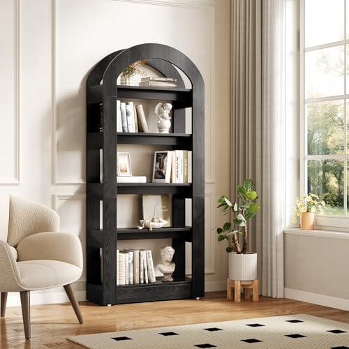 LITTLE TREE 5-Tier Bookshelf, Arch-Shaped Racks, Tall Standing Wooden Bookcase Display Shelf Modern Storage Solution (1, Black) - color: Black, size: 1