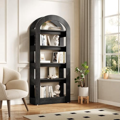 LITTLE TREE 5-Tier Bookshelf, Arch-Shaped Racks, Tall Standing Wooden Bookcase Display Shelf Modern Storage Solution (2, Black) - color: Black, size: 2