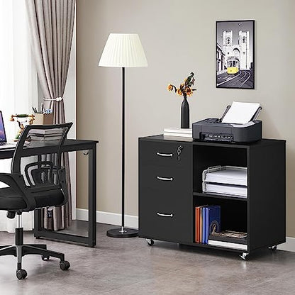 Yaheetech Mobile File Cabinet with Lock, 3-Drawer Printer Stand, Black | Lockable drawer, open shelves, and a printer top organize office files; mobile wood-finish cabinet on wheels, holds 220 lb. - color: Black