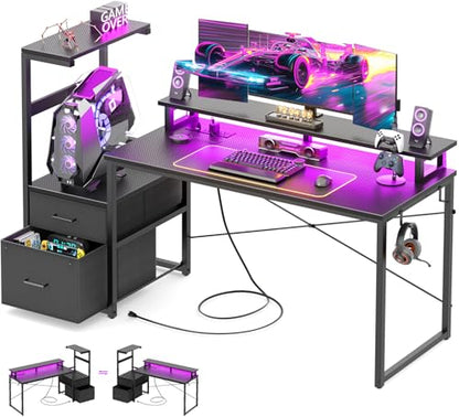 Aheaplus 59" Gaming Desk with RGB LED & Power Outlet &PC Case/Printer Stand - color: Carbon Fiber Black