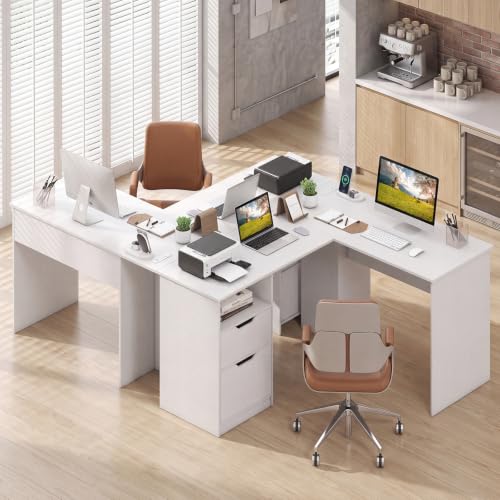 Tangkula 59” L-Shaped Executive Desk w/Power Outlets, Home Office Desk - color: White